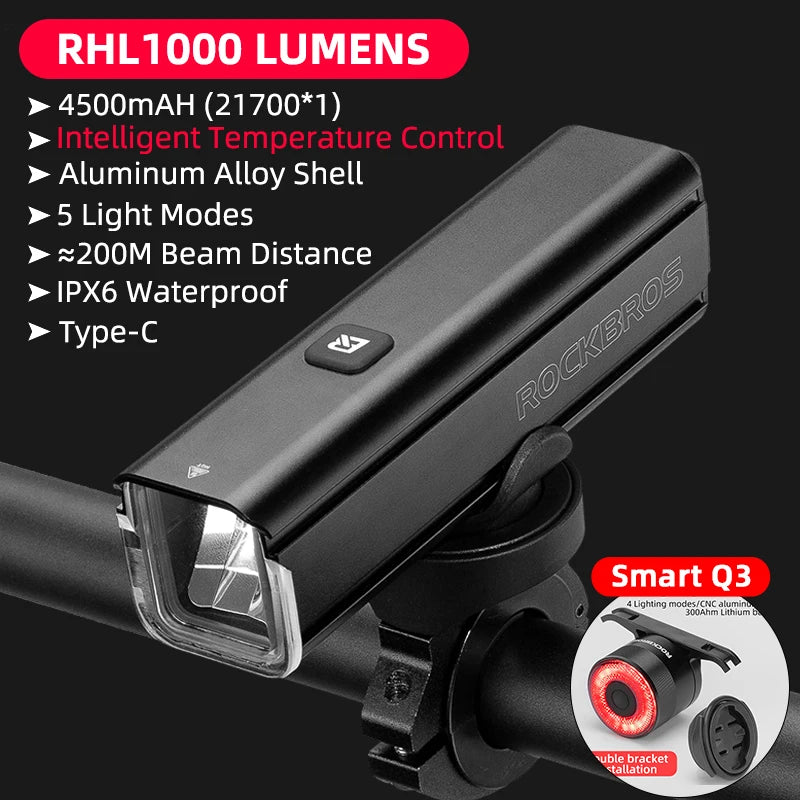 ROCKBROS 1000LM Bike Light Front Lamp Type-C Rechargeable LED 4500mAh Bicycle Light Waterproof Headlight Bike Accessories DailyAlertDeals RHL1000 Q3