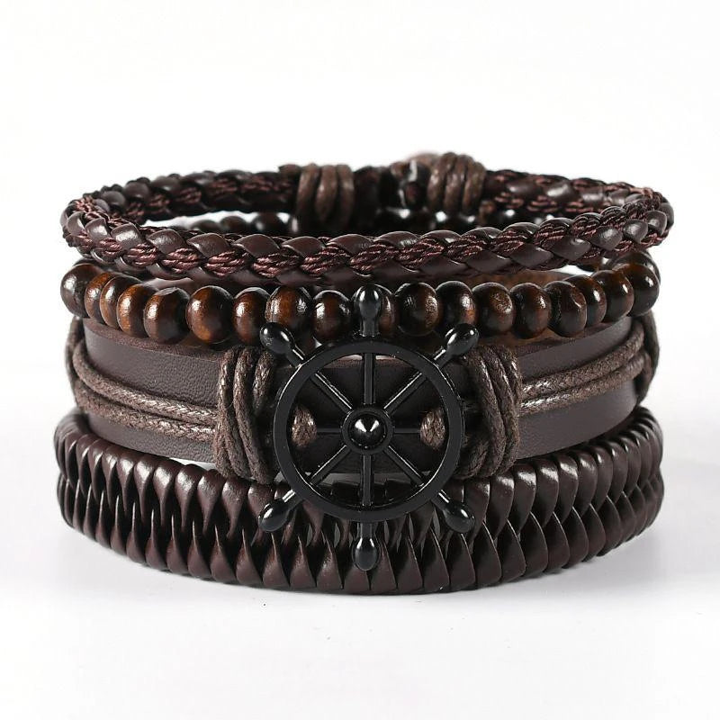 4Pcs/ Set Braided Wrap Leather Bracelets For Men Vintage Life Tree Rudder Charm Wood Beads Ethnic Tribal Wristbands  DailyAlertDeals 06