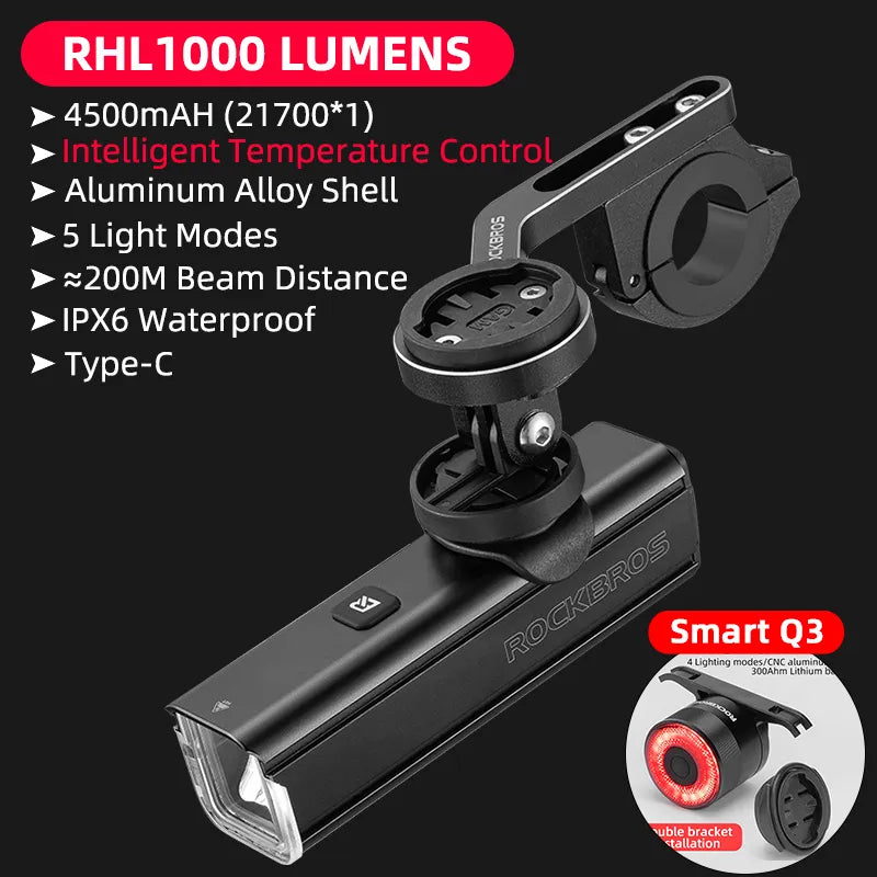 ROCKBROS 1000LM Bike Light Front Lamp Type-C Rechargeable LED 4500mAh Bicycle Light Waterproof Headlight Bike Accessories DailyAlertDeals YQRHL1000 Q3