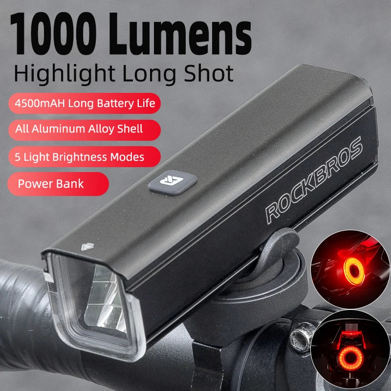 ROCKBROS 1000LM Bike Light Front Lamp Type-C Rechargeable LED 4500mAh Bicycle Light Waterproof Headlight Bike Accessories DailyAlertDeals