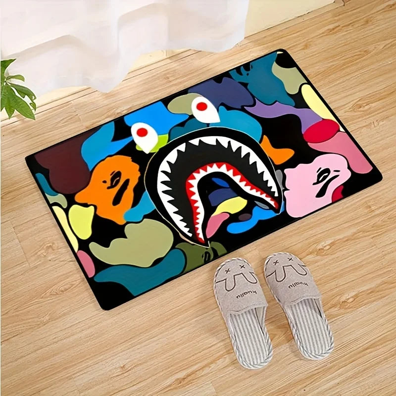Camo Shark Face Cool Area Rug Non-Slip Large Carpet Washable Bathroom Door Mat for Kitchen Living Room Bedroom Home Decoration DailyAlertDeals