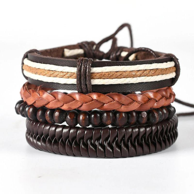 4Pcs/ Set Braided Wrap Leather Bracelets For Men Vintage Life Tree Rudder Charm Wood Beads Ethnic Tribal Wristbands  DailyAlertDeals 08