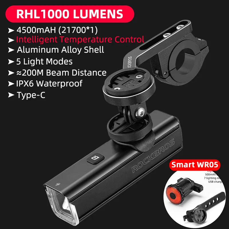 ROCKBROS 1000LM Bike Light Front Lamp Type-C Rechargeable LED 4500mAh Bicycle Light Waterproof Headlight Bike Accessories DailyAlertDeals YQRHL1000 WR05