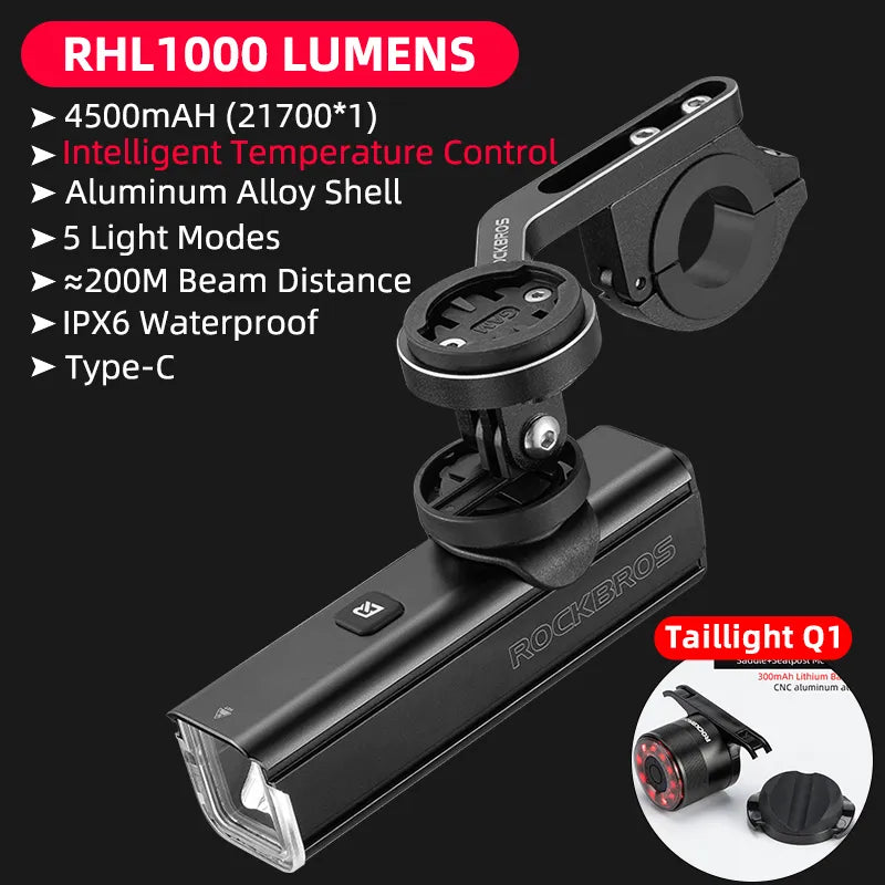 ROCKBROS 1000LM Bike Light Front Lamp Type-C Rechargeable LED 4500mAh Bicycle Light Waterproof Headlight Bike Accessories DailyAlertDeals YQRHL1000 Q1