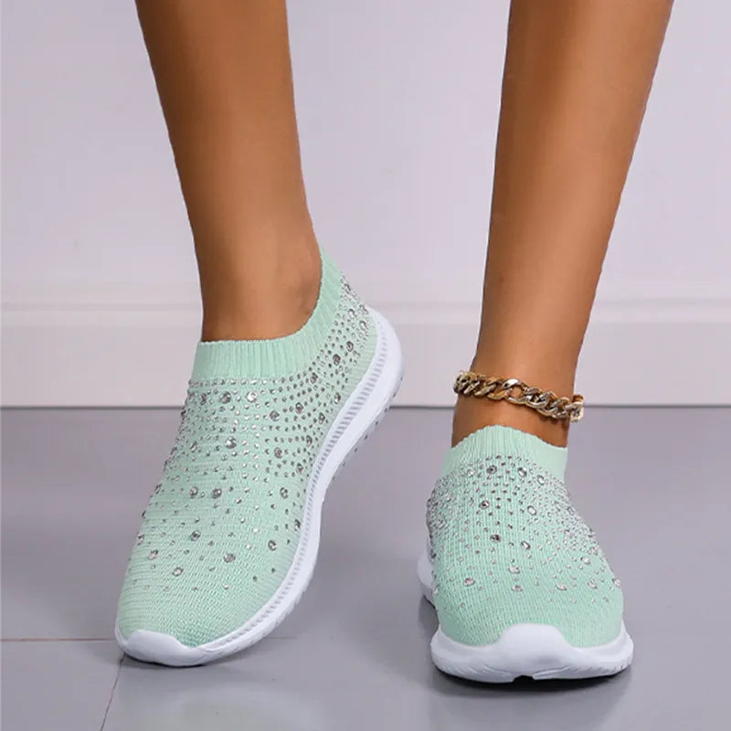 Rimocy Crystal Breathable Mesh Sneaker Shoes for Women Comfortable Soft Bottom Flats Plus Size 43 Non Slip Casual Shoes Woman DailyAlertDeals Green 35