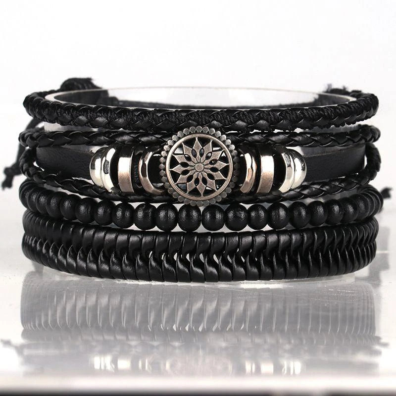 4Pcs/ Set Braided Wrap Leather Bracelets For Men Vintage Life Tree Rudder Charm Wood Beads Ethnic Tribal Wristbands  DailyAlertDeals 02