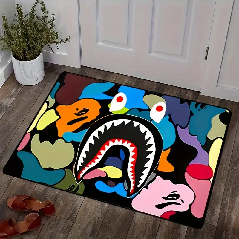 Camo Shark Face Cool Area Rug Non-Slip Large Carpet Washable Bathroom Door Mat for Kitchen Living Room Bedroom Home Decoration DailyAlertDeals
