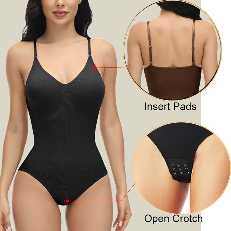 GUUDIA V Neck Spaghetti Strap Bodysuits Compression Body Suits Open Crotch Shapewear Slimming Body Shaper Smooth Out Bodysuit 0 DailyAlertDeals