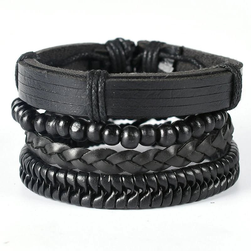 4Pcs/ Set Braided Wrap Leather Bracelets For Men Vintage Life Tree Rudder Charm Wood Beads Ethnic Tribal Wristbands  DailyAlertDeals 05