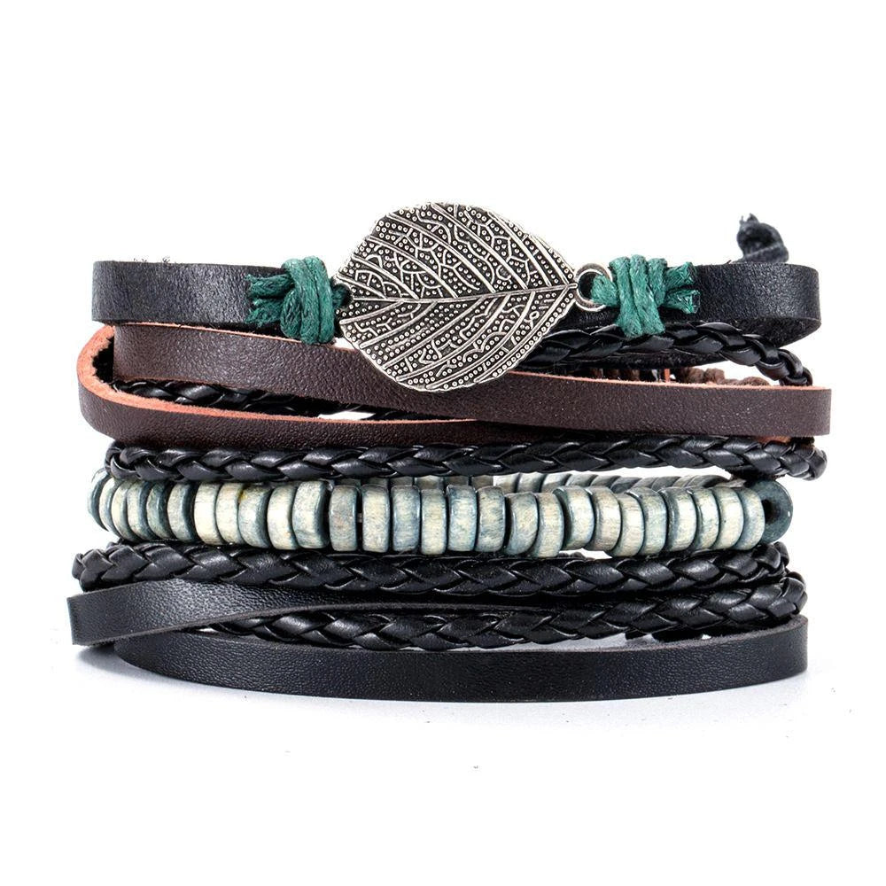 4Pcs/ Set Braided Wrap Leather Bracelets For Men Vintage Life Tree Rudder Charm Wood Beads Ethnic Tribal Wristbands  DailyAlertDeals 10