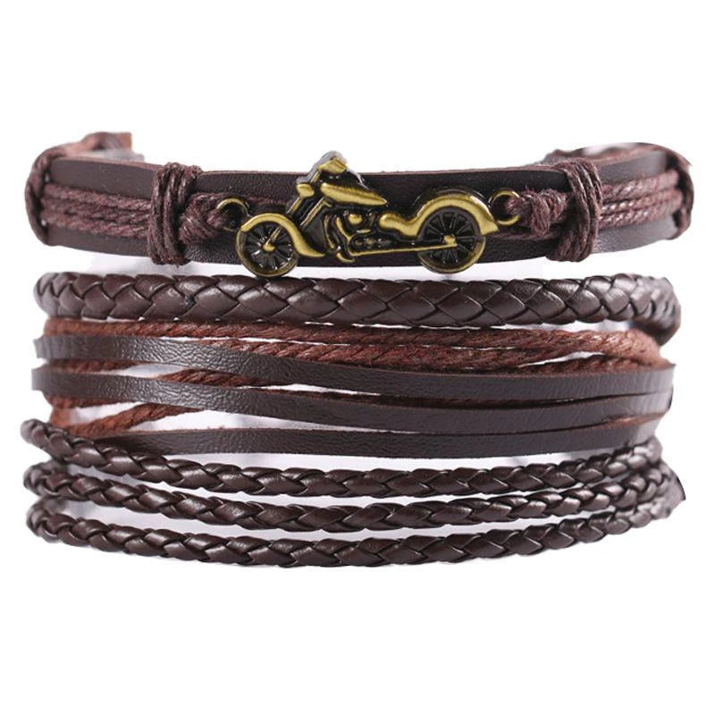 4Pcs/ Set Braided Wrap Leather Bracelets For Men Vintage Life Tree Rudder Charm Wood Beads Ethnic Tribal Wristbands  DailyAlertDeals 17