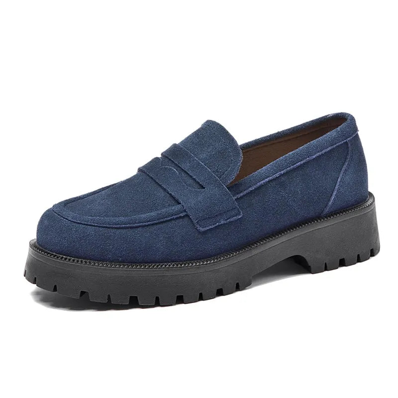 AIYUQI Spring Shoes Female British Style Thick-soled College Style Casual Loafers Genuine Leather Fashion Shoes Girls WHSLE MTO  DailyAlertDeals blue suede 34