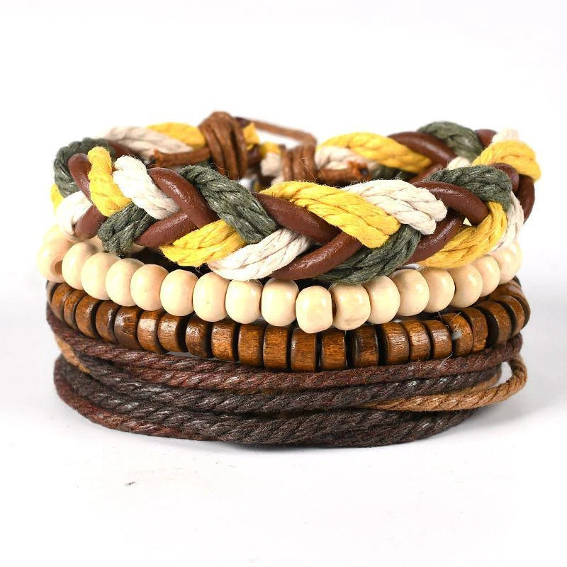 4Pcs/ Set Braided Wrap Leather Bracelets For Men Vintage Life Tree Rudder Charm Wood Beads Ethnic Tribal Wristbands  DailyAlertDeals 11