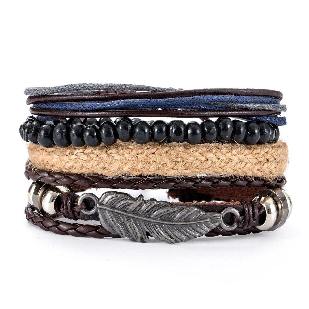 4Pcs/ Set Braided Wrap Leather Bracelets For Men Vintage Life Tree Rudder Charm Wood Beads Ethnic Tribal Wristbands  DailyAlertDeals 23