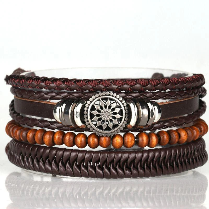 4Pcs/ Set Braided Wrap Leather Bracelets For Men Vintage Life Tree Rudder Charm Wood Beads Ethnic Tribal Wristbands  DailyAlertDeals 03