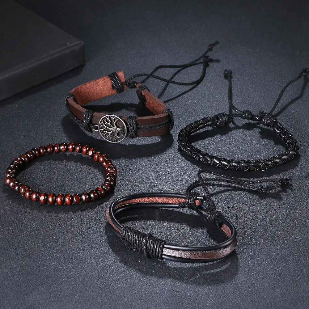 4Pcs/ Set Braided Wrap Leather Bracelets For Men Vintage Life Tree Rudder Charm Wood Beads Ethnic Tribal Wristbands  DailyAlertDeals