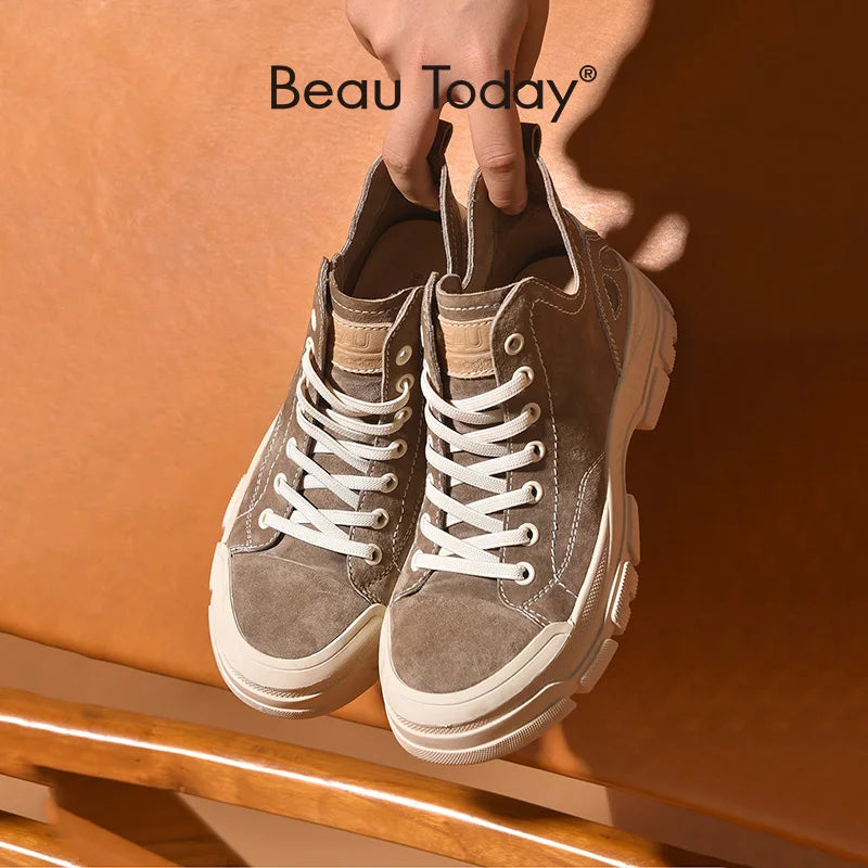 BeauToday Casual Sneakers Women Suede Leather Round Toe Lace-Free High Top Ladies Retro Fashion Flat Shoes Handmade 29575  DailyAlertDeals