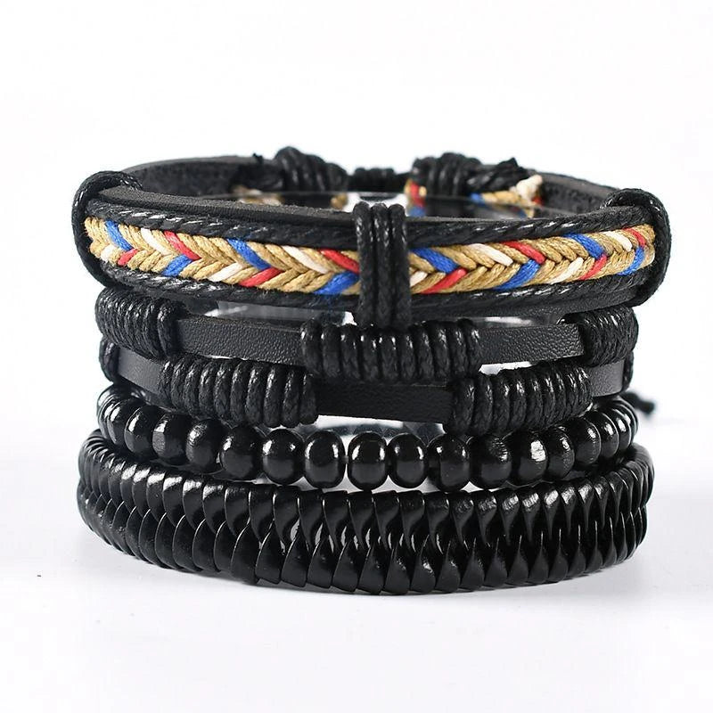4Pcs/ Set Braided Wrap Leather Bracelets For Men Vintage Life Tree Rudder Charm Wood Beads Ethnic Tribal Wristbands  DailyAlertDeals 14