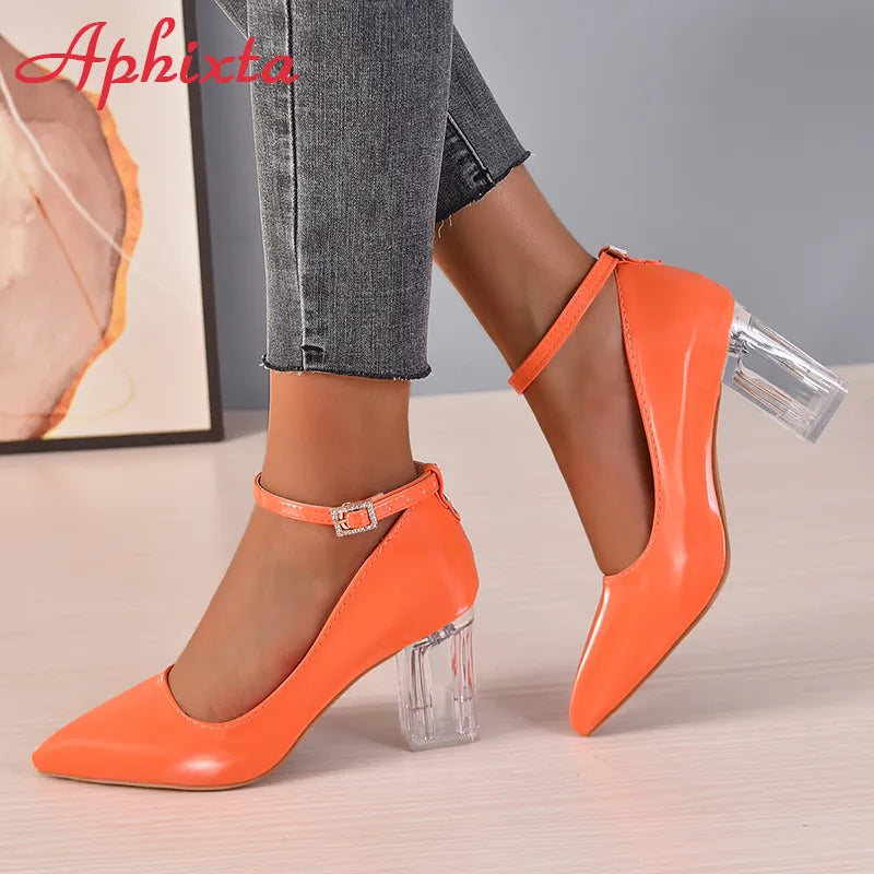 Aphixta 2023 New Luxury Rhinestone Pearl Chain 7cm Chunky Heels Pumps Women Shoes String Bead Pointed Toe Bling Crystals Pumps  DailyAlertDeals