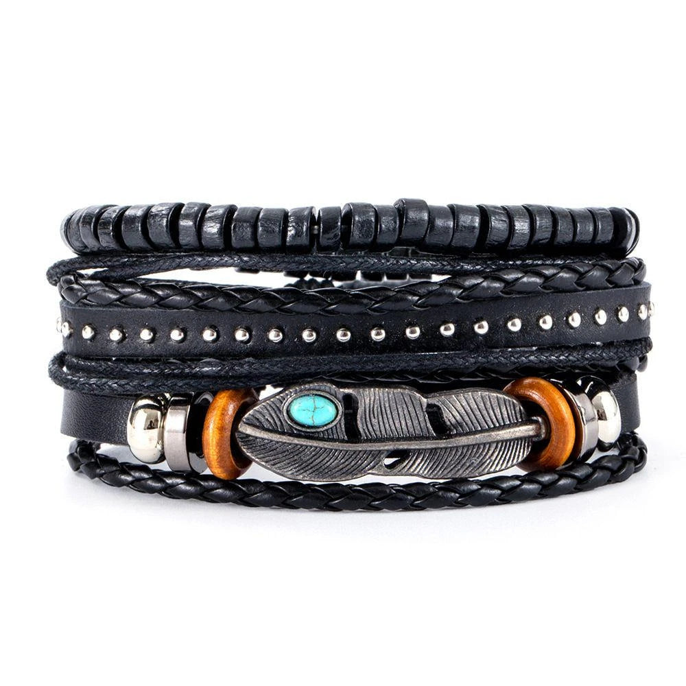 4Pcs/ Set Braided Wrap Leather Bracelets For Men Vintage Life Tree Rudder Charm Wood Beads Ethnic Tribal Wristbands  DailyAlertDeals 19