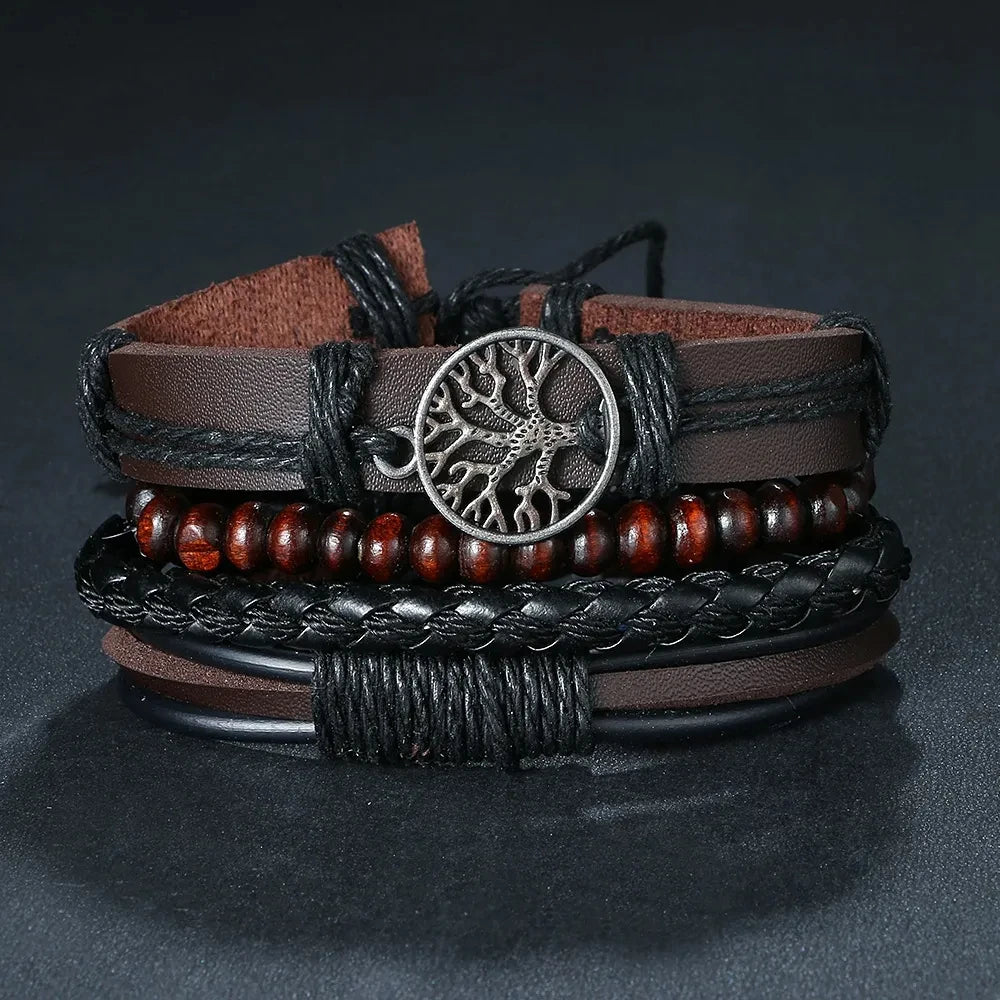 4Pcs/ Set Braided Wrap Leather Bracelets For Men Vintage Life Tree Rudder Charm Wood Beads Ethnic Tribal Wristbands  DailyAlertDeals