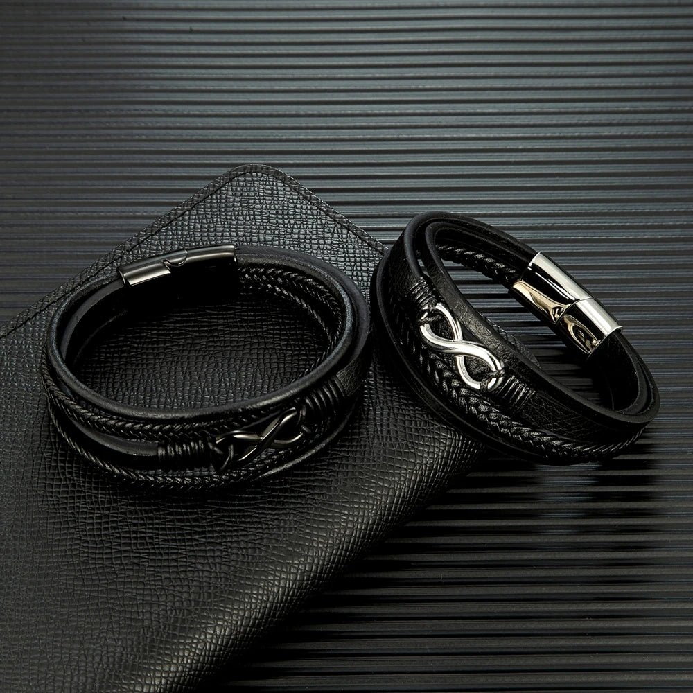 MKENDN Classic Men Infinity Bracelet Woven Multilayer Braided Leather Bracelets For Women Black Stainless Steel Jewelry Gifts DailyAlertDeals