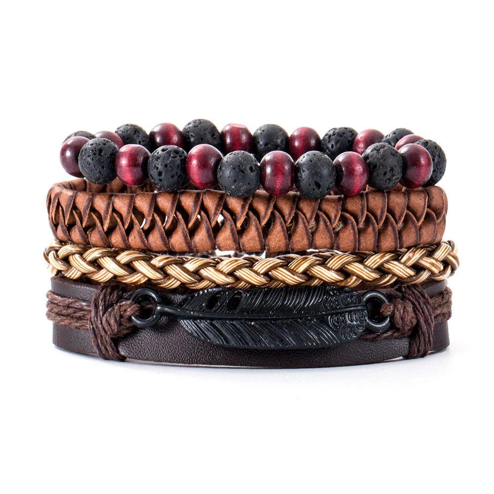 4Pcs/ Set Braided Wrap Leather Bracelets For Men Vintage Life Tree Rudder Charm Wood Beads Ethnic Tribal Wristbands  DailyAlertDeals 21
