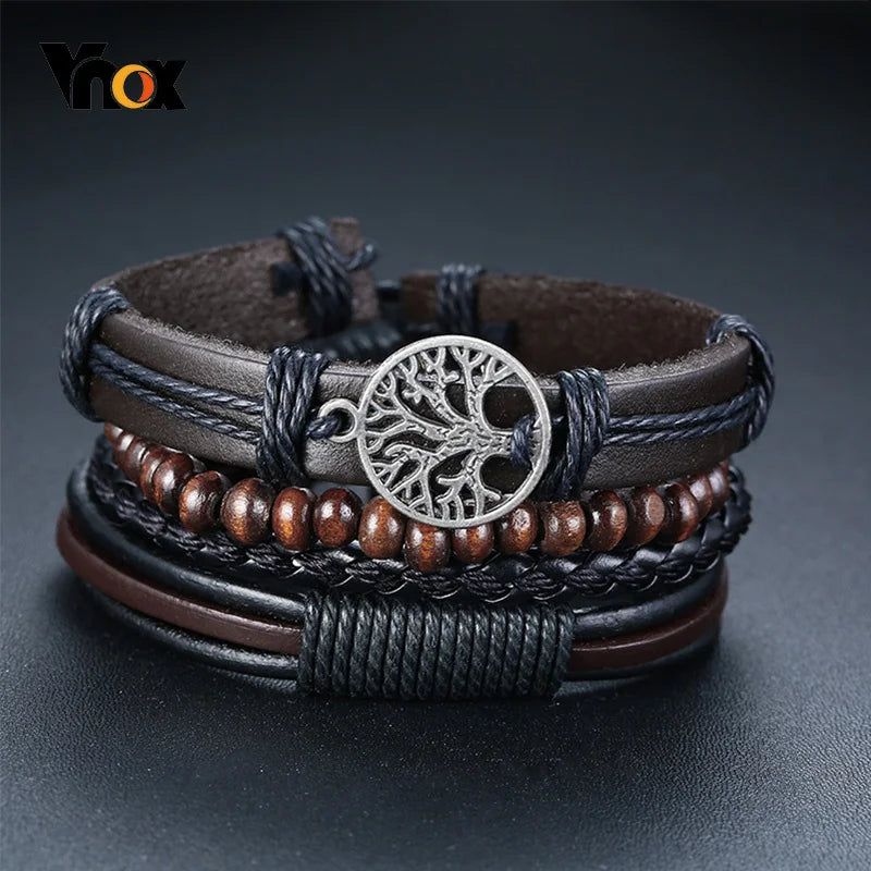 Vnox 4Pcs/ Set Braided Wrap Leather Bracelets for Men Vintage Life Tree Rudder Charm Wood Beads Ethnic Tribal Wristbands DailyAlertDeals