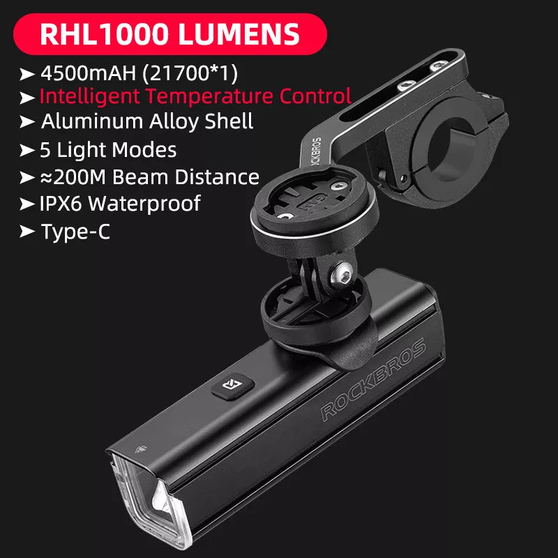 ROCKBROS 1000LM Bike Light Front Lamp Type-C Rechargeable LED 4500mAh Bicycle Light Waterproof Headlight Bike Accessories DailyAlertDeals YQRHL1000