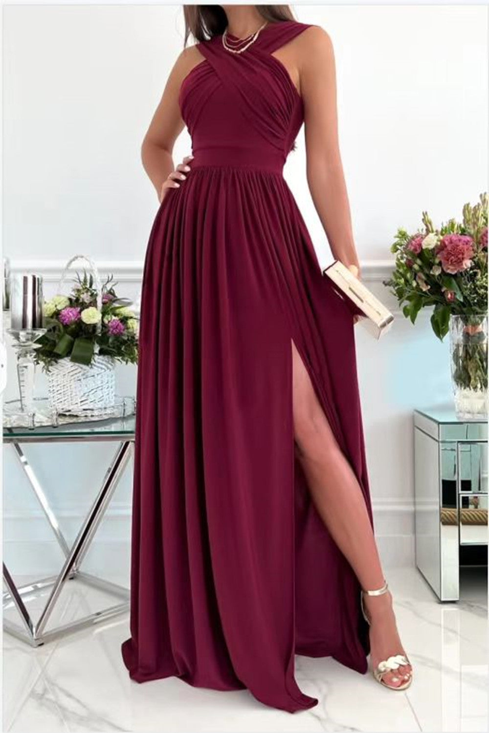 Summer Sleeveless Neck Hanging Back Dress Party Birthday Valentine Day gift Maxi For Her Women fashion clothing Orange Felix