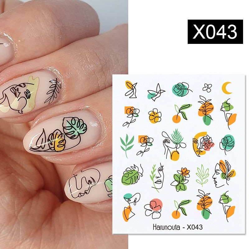Harunouta Black Lines Flower Leaf Water Decals Stickers Spring Simple Green Theme Face Marble Pattern Slider For Nails Art Decor Nail Stickers DailyAlertDeals X043