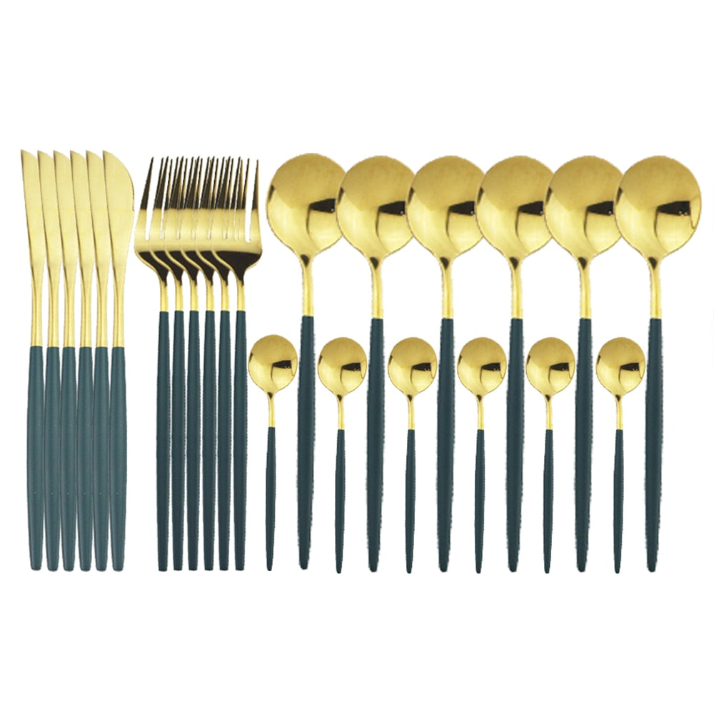 24pcs Black Western Dinnerware Set Stainless Steel Cutlery Set Fork Knife Spoon Tableware Set Flatware Set Silverware Set DailyAlertDeals China 24pcs Green Gold