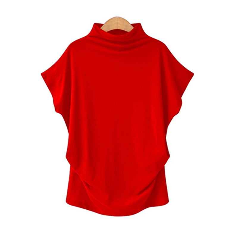 Jocoo Jolee Women Casual Turtleneck Short Batwing Sleeve Blouse Female Cotton Solid Oversized Tops Ladies Shirt 2020 Clothing DailyAlertDeals Red S