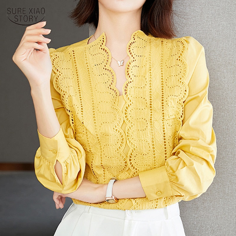 Lace Chic Blouse Woman Elegant Hedging Casual Shirt Woman Autumn Long-sleeved Solid V-neck Shirt Lady Blusas Mujer De Moda 16373 0 DailyAlertDeals