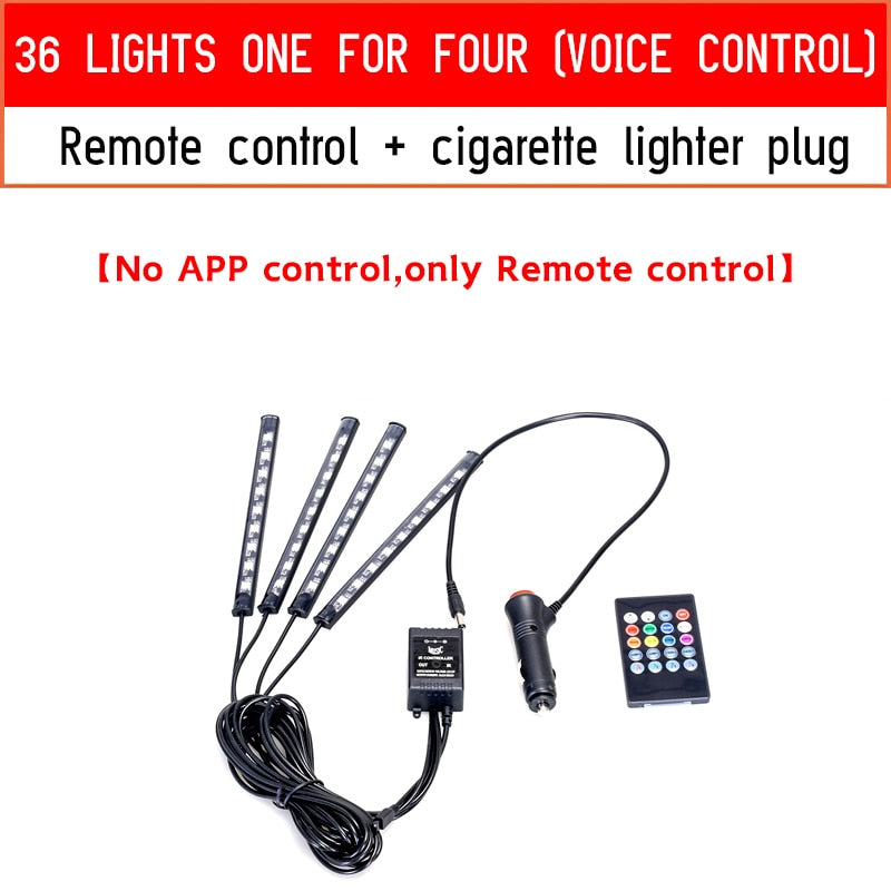 Rgb Led Lights for Cars Ambient Lighting Car Interior Neon Light With Music Voice Control App Inside Car Lights RGB LED Light with control DailyAlertDeals 36LED cigar remote
