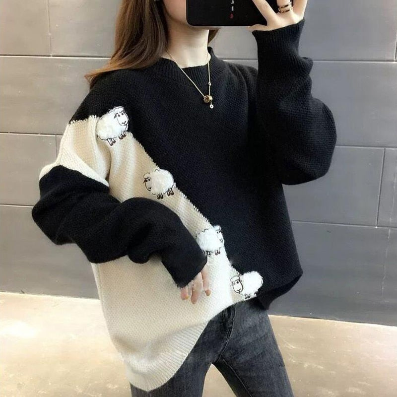 Cute Sheep Pattern Loose Pullover Sweater Women 2022 Fall Winter Korean School Contrast Color Knit Jumper Female Knitwear 0 DailyAlertDeals Black S