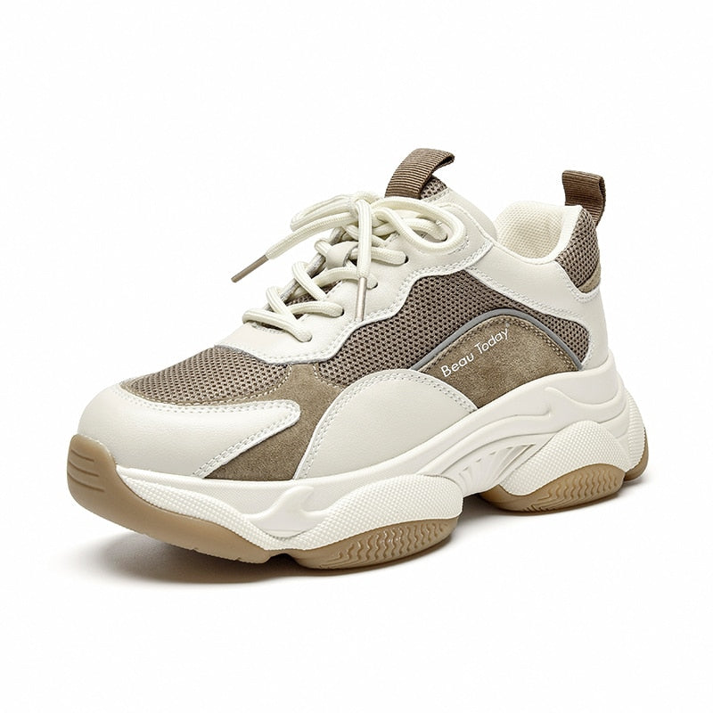 BeauToday Chunky Sneakers Women Mesh Leather Platform Shoes Mixed Colors Lace-Up Lady Trendy Trainers Thick Sole Handmade 29401 0 DailyAlertDeals Beige Brown Logo 5