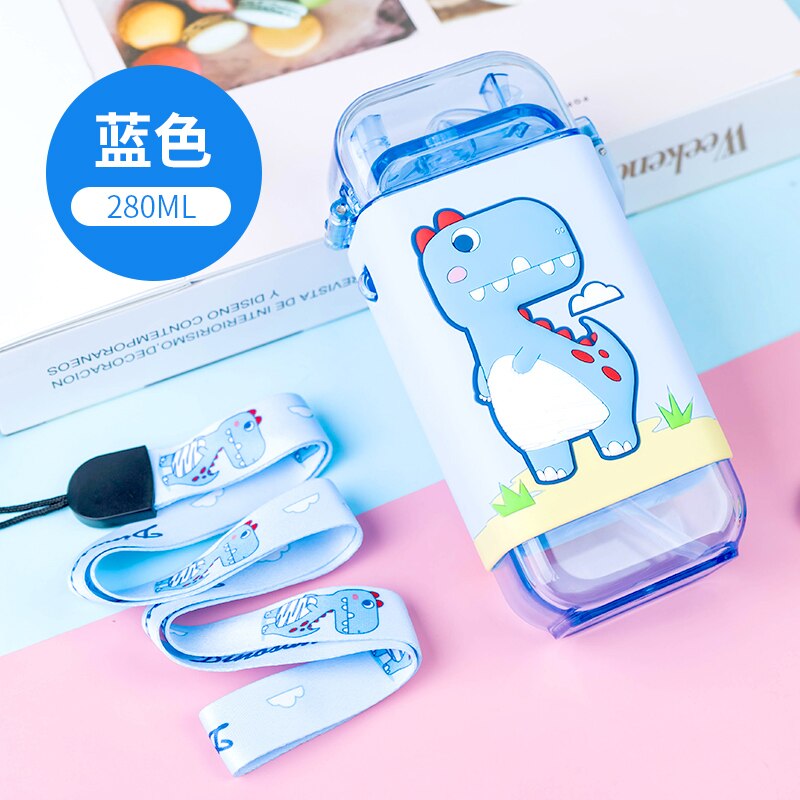 Cartoon Children Water Bottle 280ml with Rope Portable Square Kettle Sealed Leak-Proof BPA Free Tritan Baby Milk Cup With Straw Cartoon Children Water Bottle DailyAlertDeals China 280-420ml Blue Dinosaur 280ml