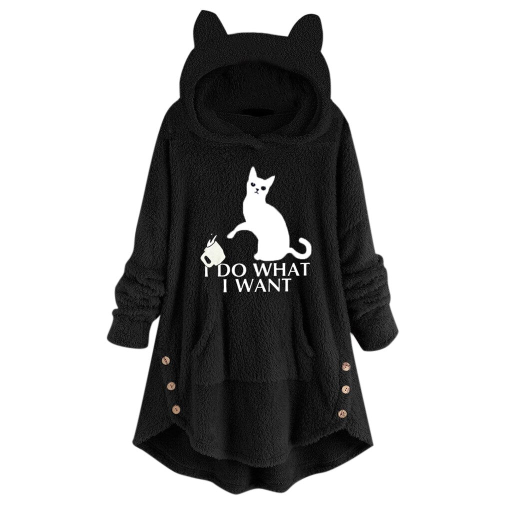 Cozy Cartoon Cat Ears Fleece Winter Pajamas Hoodies for Women Hooded Sweatshirts Long Sleeve Lady Pullovers Tops 0 DailyAlertDeals Black M