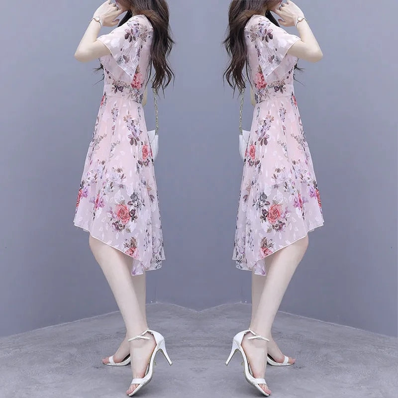 2022 New fashion women's French dress female temperament Round neck long-sleeved chiffon floral dresses 0 DailyAlertDeals