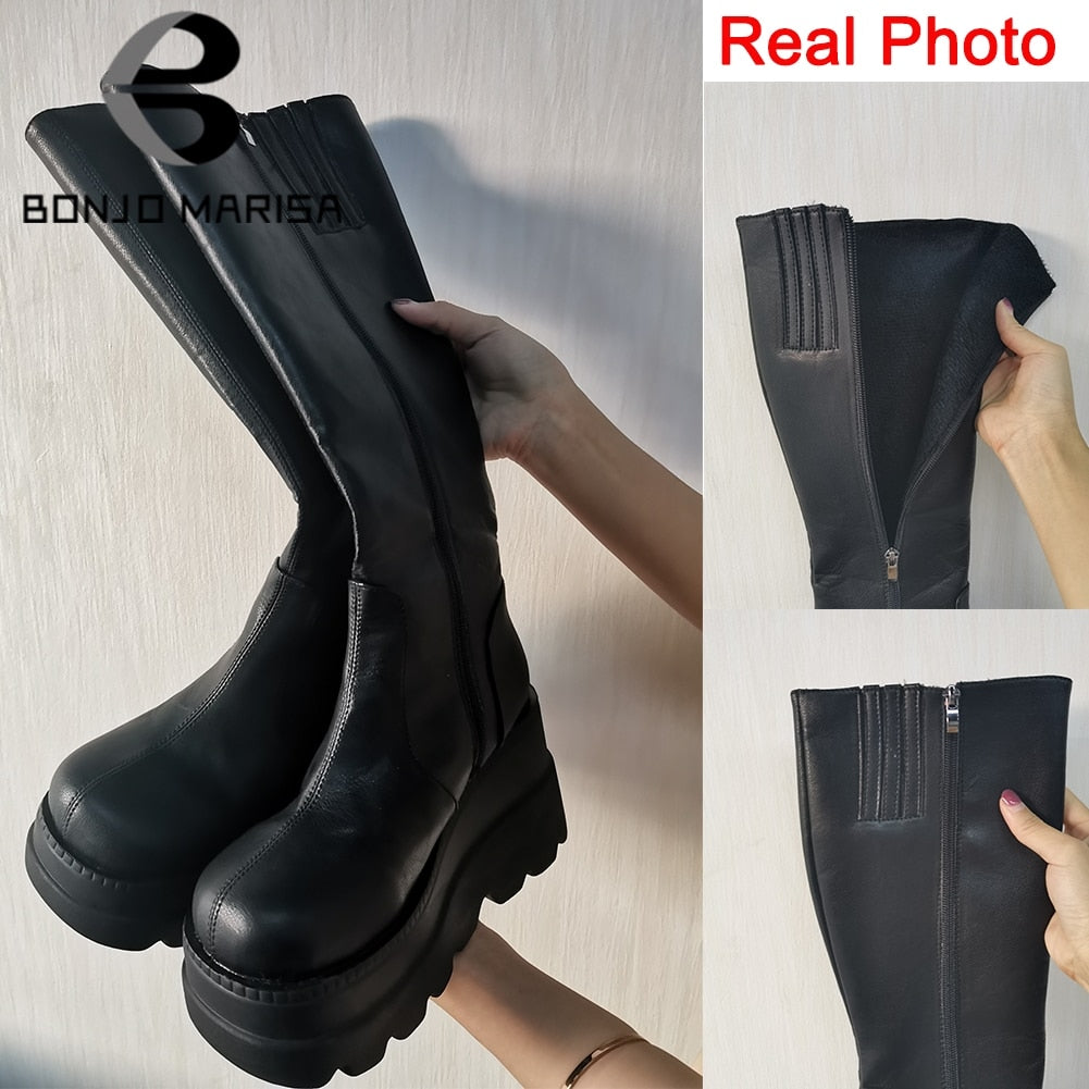 BONJOMARISA ladies fashion platform boots chunky heel wedges mid calf women boots casual brand thick bottom winter shoes woman 0 DailyAlertDeals
