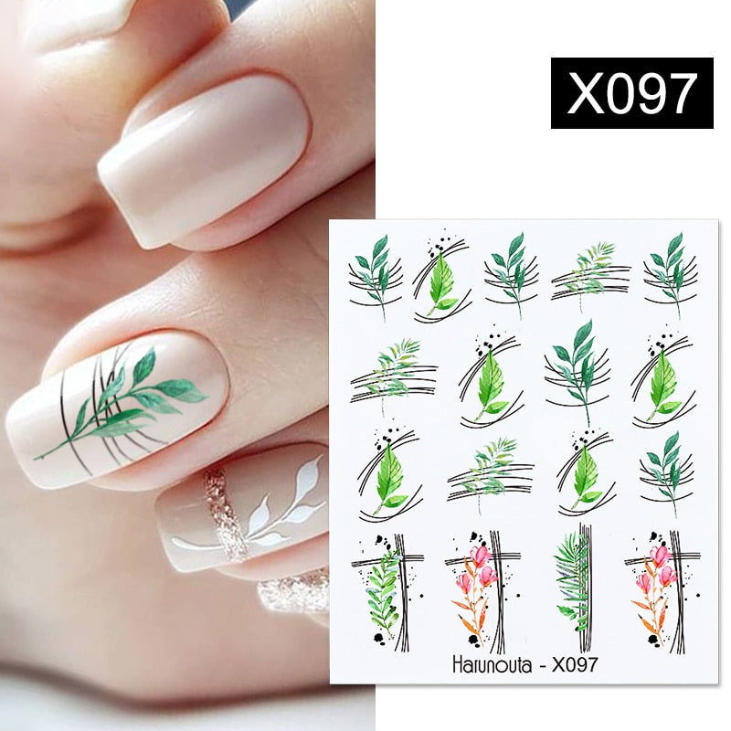 Harunouta Black Lines Flower Leaf Water Decals Stickers Spring Simple Green Theme Face Marble Pattern Slider For Nails Art Decor Nail Stickers DailyAlertDeals X097