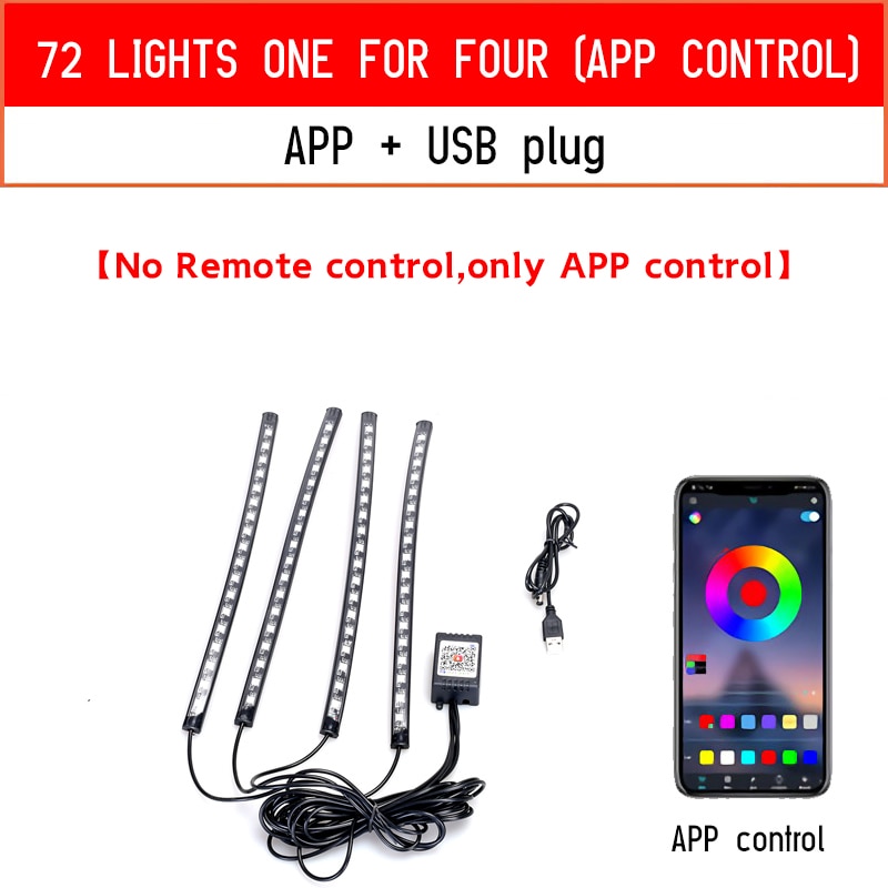 Rgb Led Lights for Cars Ambient Lighting Car Interior Neon Light With Music Voice Control App Inside Car Lights RGB LED Light with control DailyAlertDeals 72LED USB APP