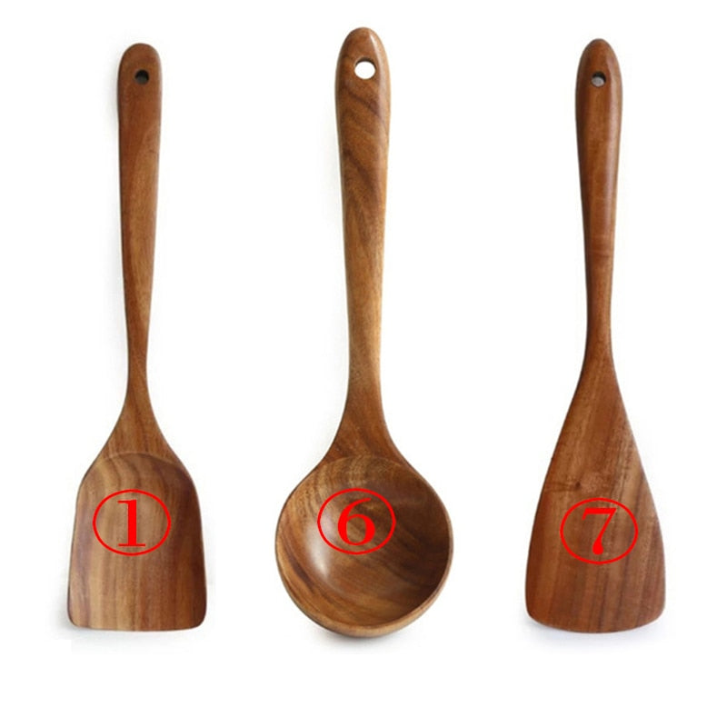 7pcs/set Teak Natural Wood Tableware Spoon Ladle Turner Rice Colander Soup Skimmer Cooking Spoon Scoop Kitchen Reusable Tool Kit 0 DailyAlertDeals 3PC 167