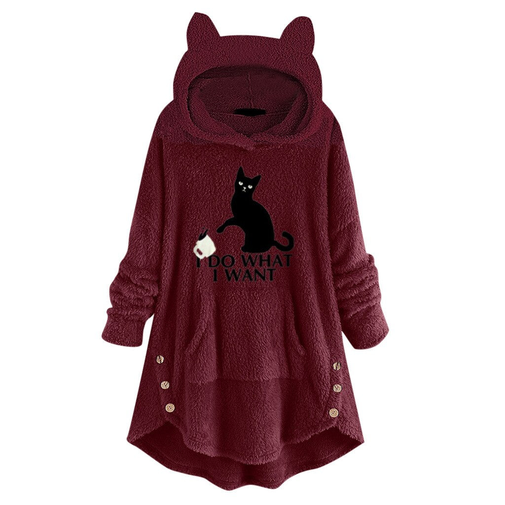 Cozy Cartoon Cat Ears Fleece Winter Pajamas Hoodies for Women Hooded Sweatshirts Long Sleeve Lady Pullovers Tops 0 DailyAlertDeals Burgundy M