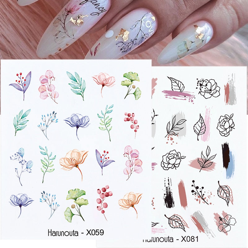 Harunouta Black Lines Flower Leaf Water Decals Stickers Spring Simple Green Theme Face Marble Pattern Slider For Nails Art Decor Nail Stickers DailyAlertDeals