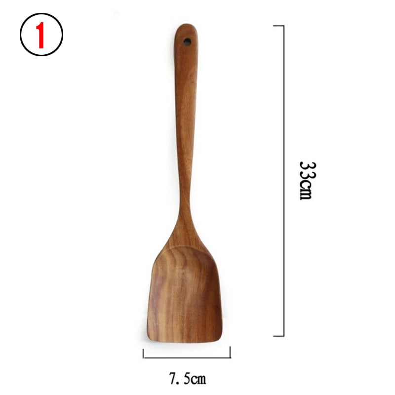 7pcs/set Teak Natural Wood Tableware Spoon Ladle Turner Rice Colander Soup Skimmer Cooking Spoon Scoop Kitchen Reusable Tool Kit 0 DailyAlertDeals 1