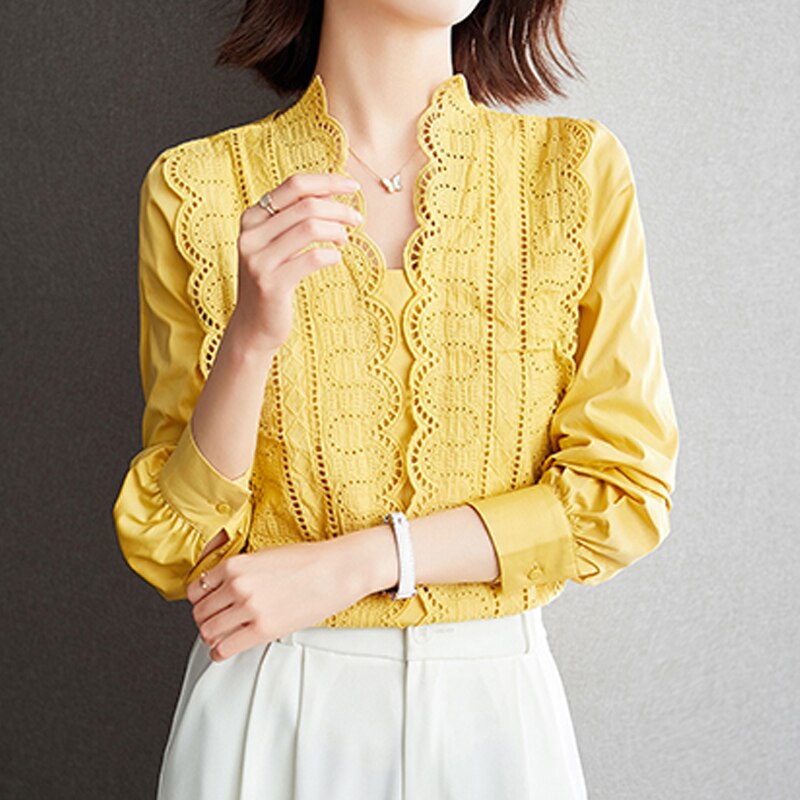 Lace Chic Blouse Woman Elegant Hedging Casual Shirt Woman Autumn Long-sleeved Solid V-neck Shirt Lady Blusas Mujer De Moda 16373 0 DailyAlertDeals