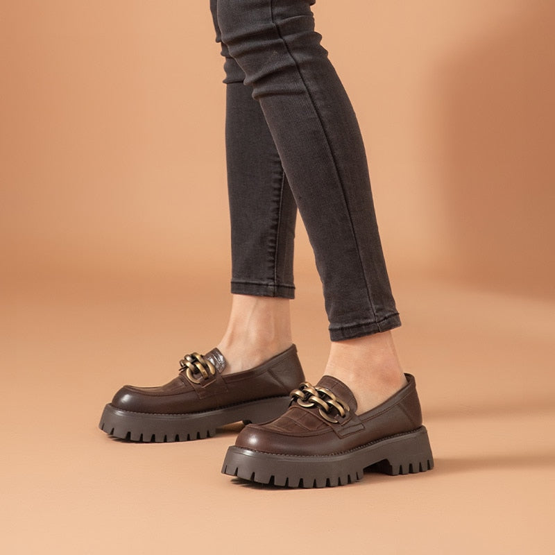 BeauToday Chunky Loafers Women Genuine Cow Leather Platform Shoes Round Toe Metal Chain Slip on Ladies Flats Handmade 27748 0 DailyAlertDeals