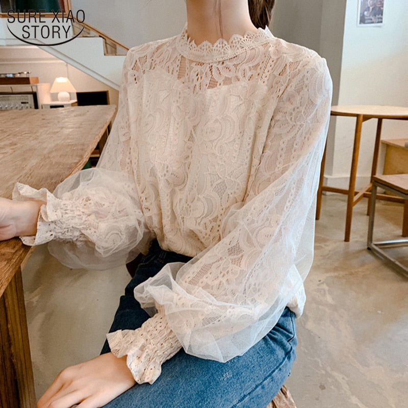 Lantern Long Sleeve Lace Women's Shirt Autumn New Camisa White Vintage Blouse Women Clothing 2022 Sweet Korean Top Female 10456 0 DailyAlertDeals Apricot S